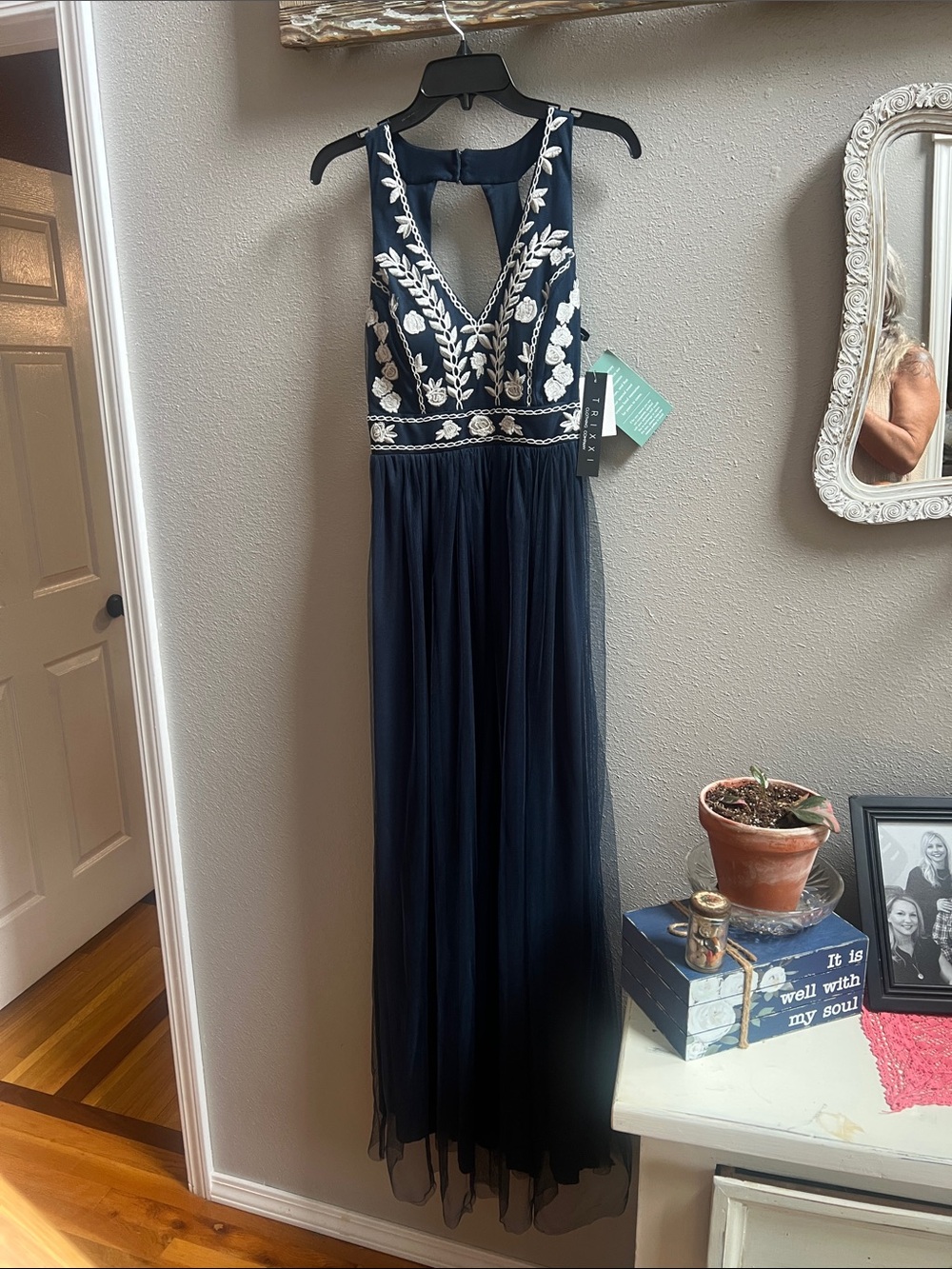 Trixxi Navy Maxi Dress with White Floral Embroidery Accents